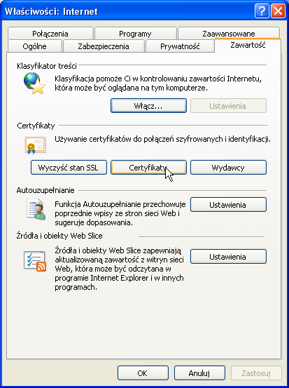 Odinstalowywanie certyfikatów w Windows XP. Krok 1. Otwieranie listy certyfikatów.