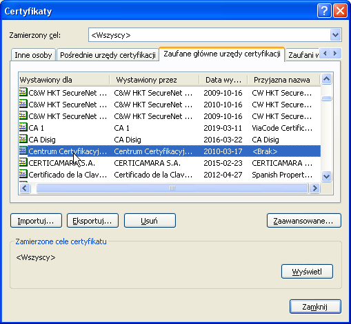 Odinstalowywanie certyfikatów w Windows XP. Krok 4. 1. Wybór starego certyfikatu głównego UG.