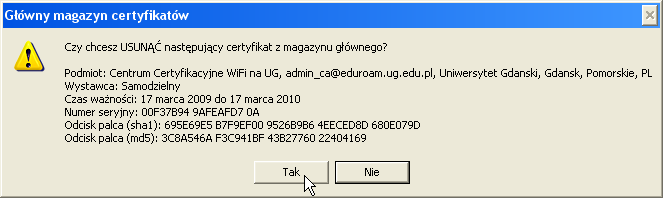 Odinstalowywanie certyfikatów w Windows XP. Krok 4. 5. Monit ze szczegółami certyfikatu.